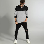 Men Grey Melange & Black Colourblocked T-shirt